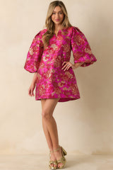 Gilded Garden Hot Pink Floral Jacquard Mini Dress