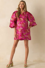 Gilded Garden Hot Pink Floral Jacquard Mini Dress
