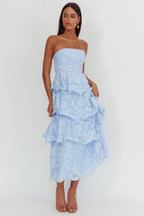 Giavana Strapless Layered Midi Dress Floral Embossed Blue