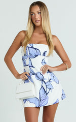 Catharine Mini Dress - Strapless A Line Dress in Blue Floral