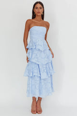 Giavana Strapless Layered Midi Dress Floral Embossed Blue