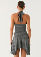 Bad Alive Halter Hanky Mini Dress - Grey Marle Stripe
