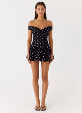 Endless Romance Off Shoulder Mini Dress - Black Polkadot