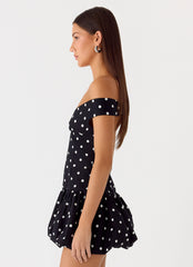 Endless Romance Off Shoulder Mini Dress - Black Polkadot