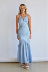 Lucinda Halter V-Neck Open Back Satin Midi Dress