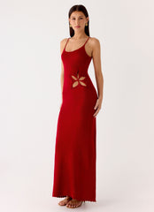 Palm Breeze Flower Crochet Maxi Dress - Burnt Red