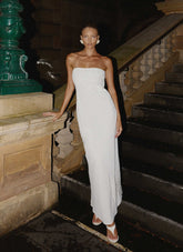 Sassafras Beaded Flower Strapless Maxi Dress - White