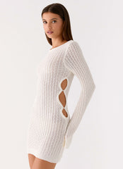 Zenzi Long Sleeve Crochet Mini Dress - White