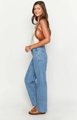 Kansis Blue Embroidered Uneven Waist Jeans
