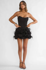 Alyra Feather Puff Mini Skirt Black