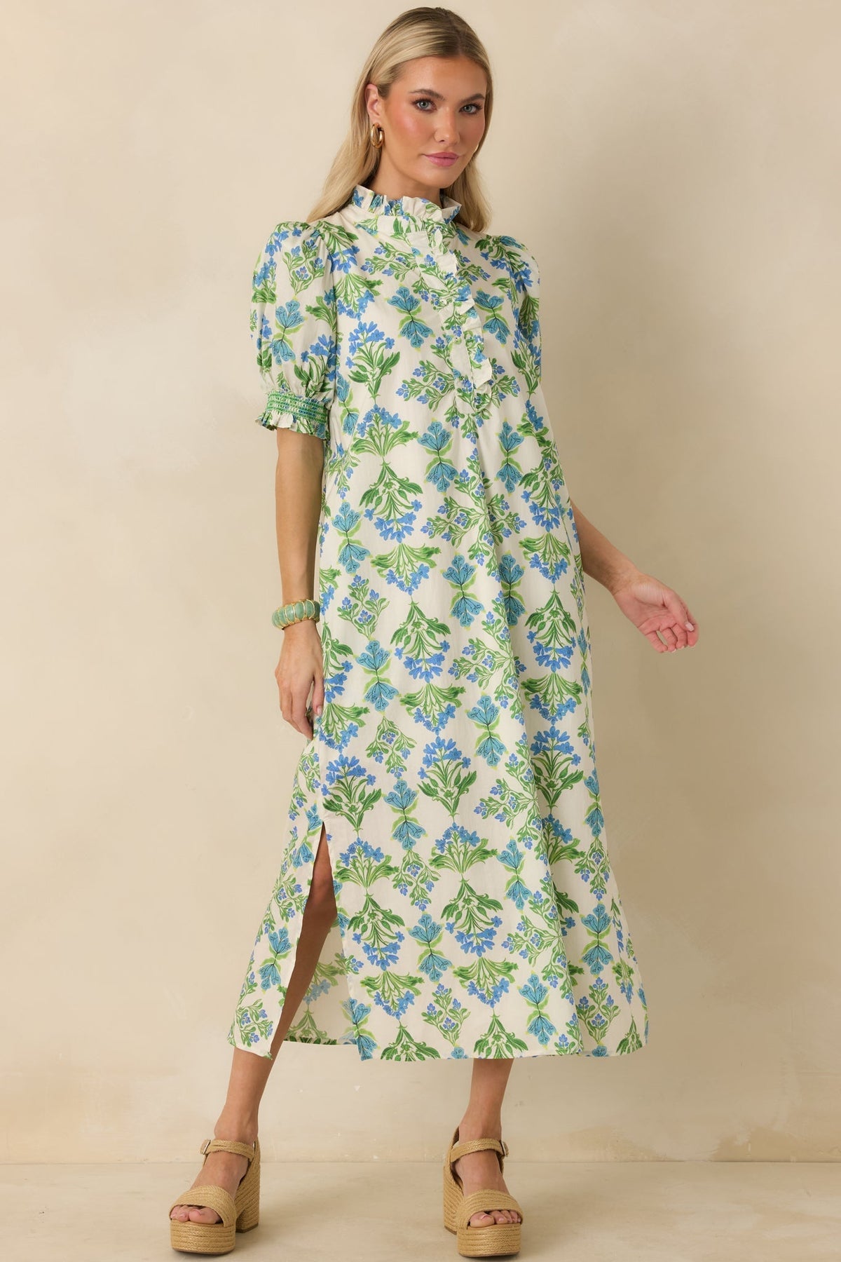 Fresh Fields Ivory Multi Cotton Floral Print Ruffle Neck Maxi Dress