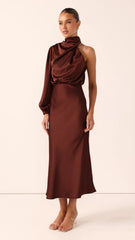 Esther One Shoulder Long Sleeve Dress - Brown