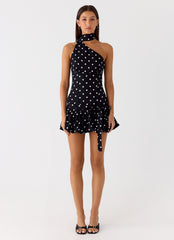 Belina Scarf Mini Dress - Black Polkadot
