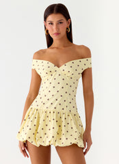 Endless Romance Off Shoulder Mini Dress - Yellow Polkadot