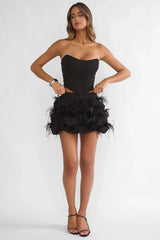 Alyra Feather Puff Mini Skirt Black
